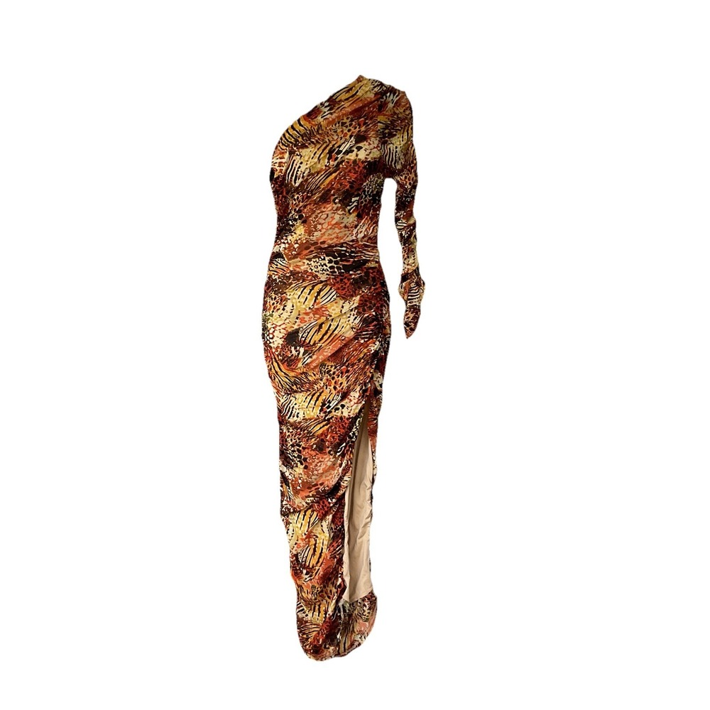 VTG Y2K Akira Satin MultiColor Animal Print Slit Shoulder Halter Dress Long Sz M